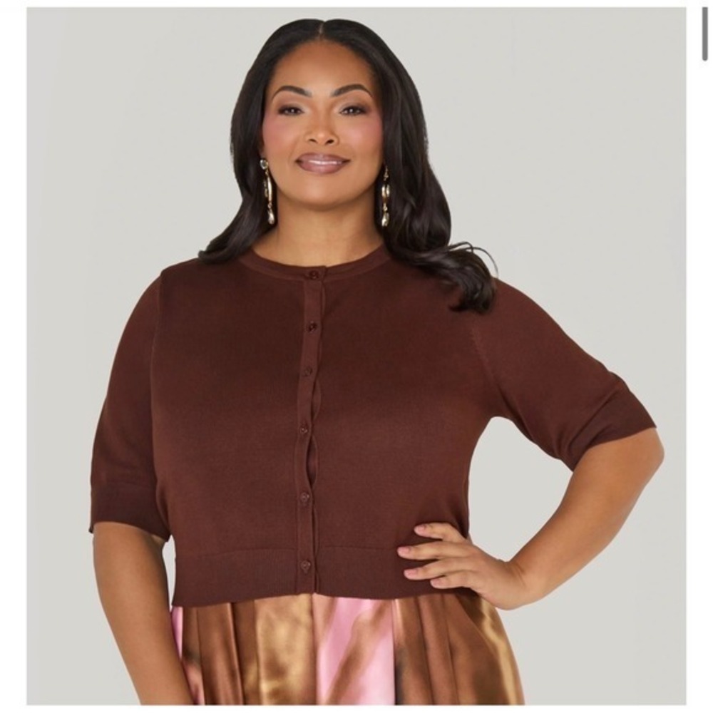 Ashley Stewart Cropped Knit Cardigan Potting Soil Dark Brown Women's 18/20 NWT